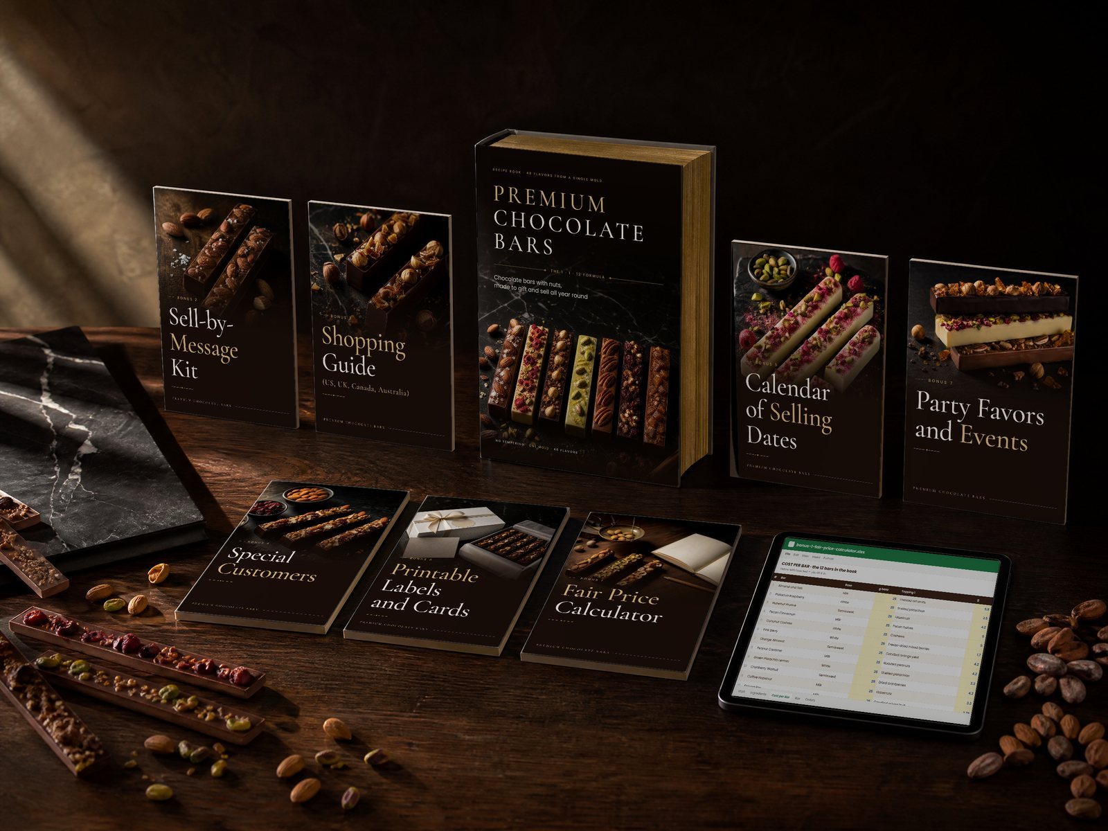 Everything in Premium Chocolate Bars: the hardcover book, the seven bonuses and the calculator on a tablet