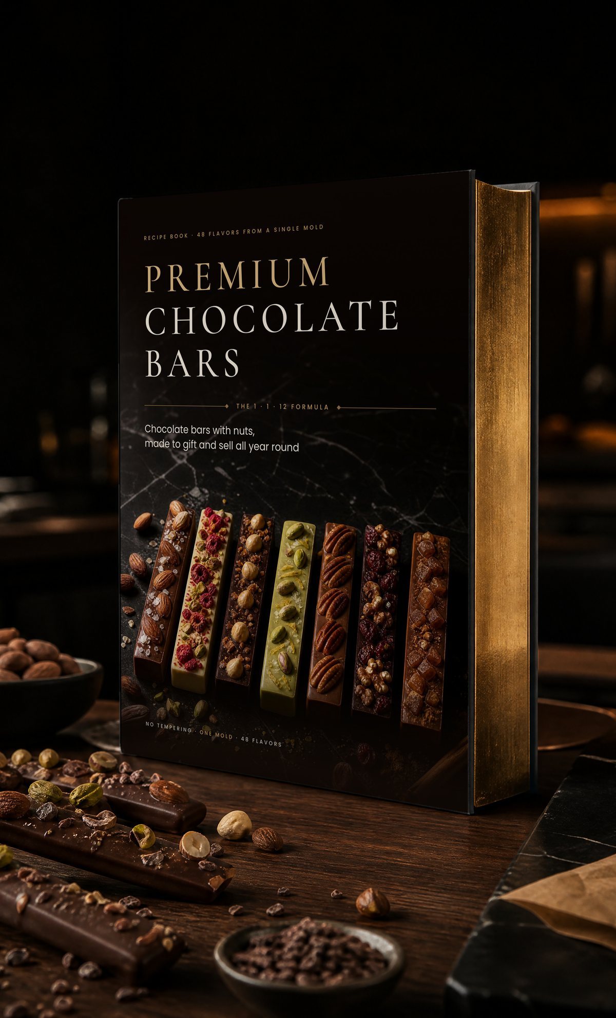 The Premium Chocolate Bars hardcover book on a walnut table with chocolate bars, almonds and cocoa