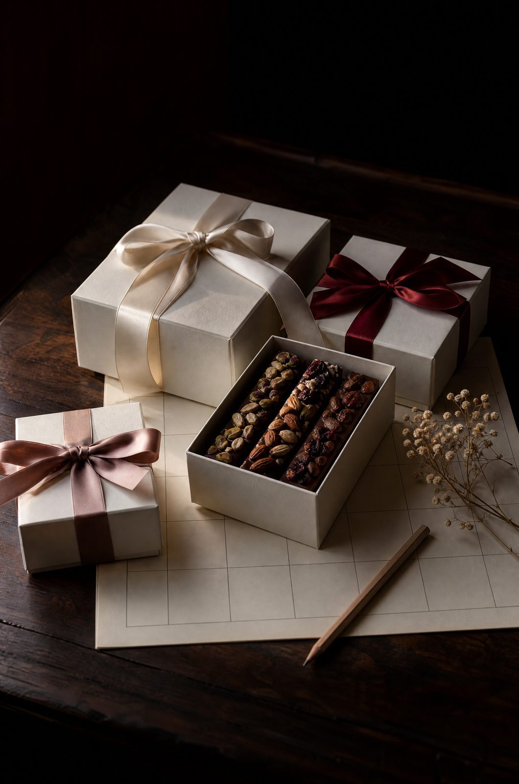A table with a notebook, gift boxes and an open box of chocolate bars