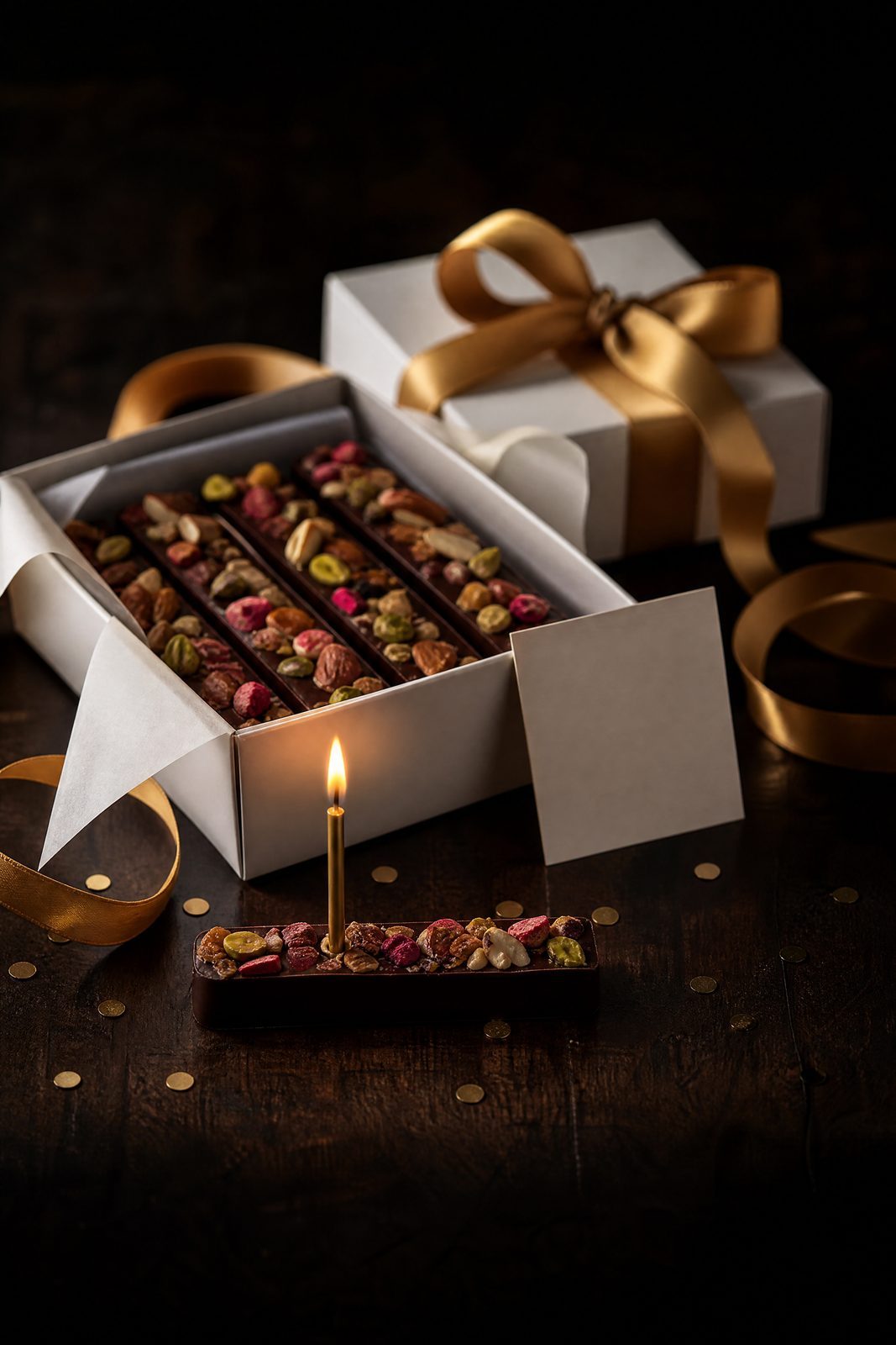 A box of chocolate bars next to a birthday candle and wrapped gifts