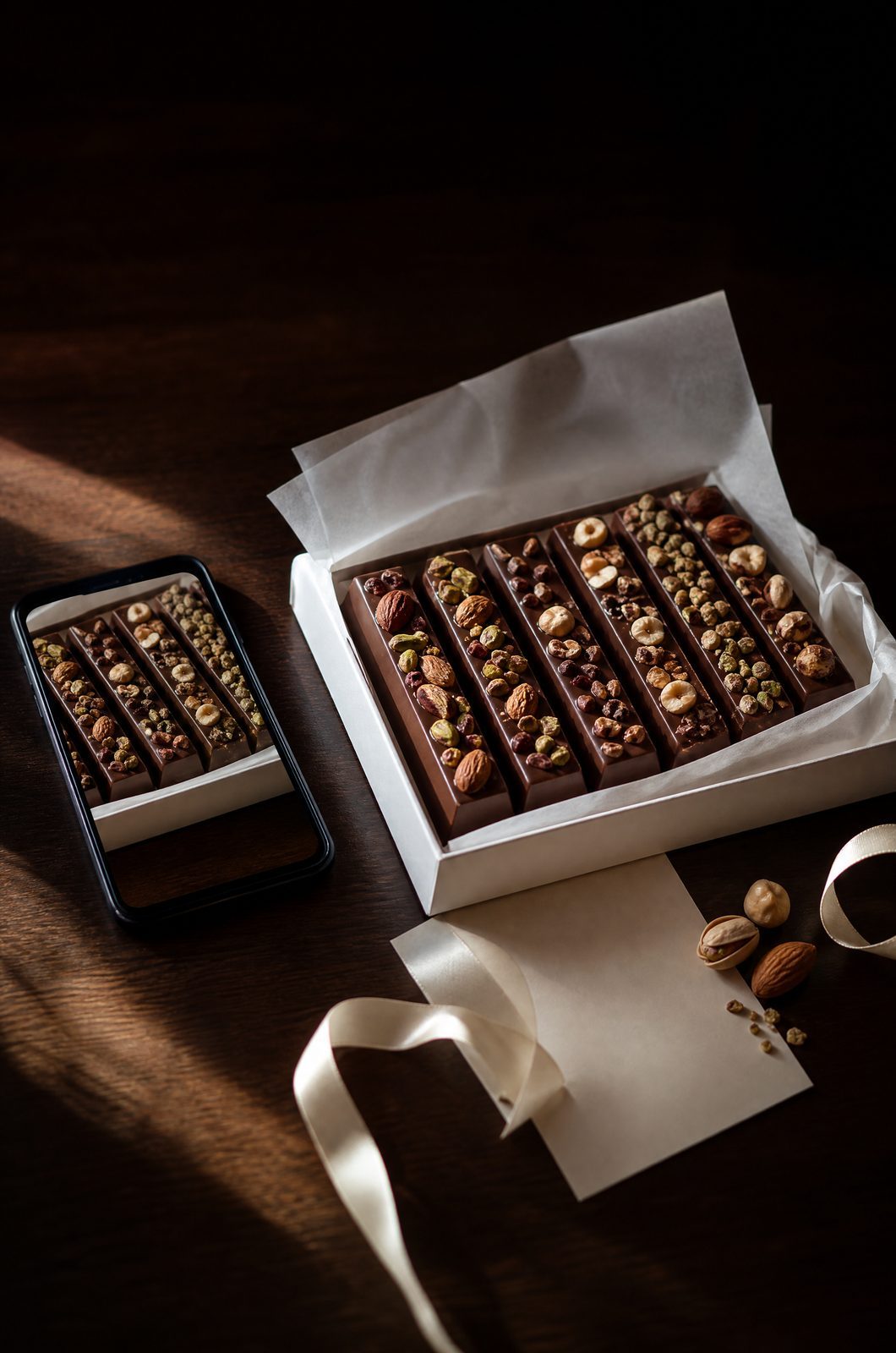 A phone showing a photo of a box of bars, next to the real box ready for delivery