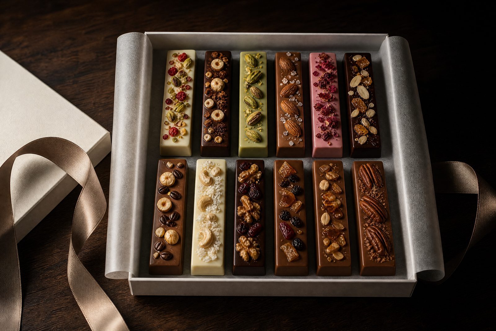 An open box with twelve colorful chocolate bars and a ribbon