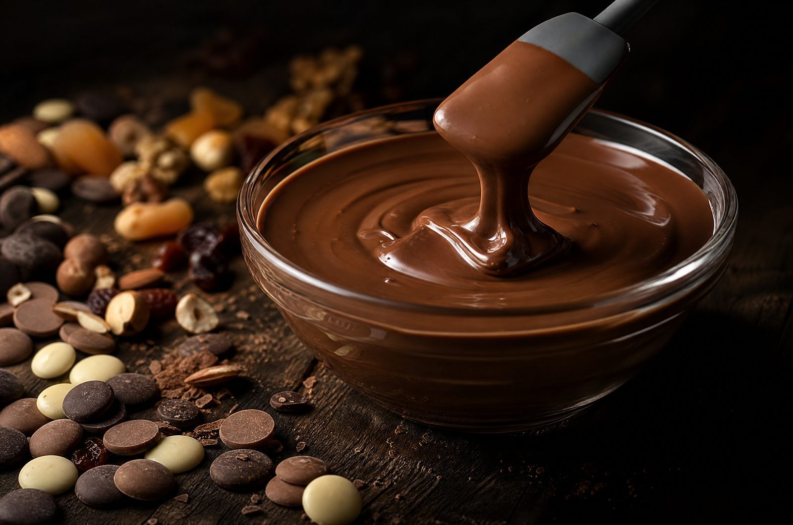 Melted chocolate coating in a bowl, surrounded by nuts