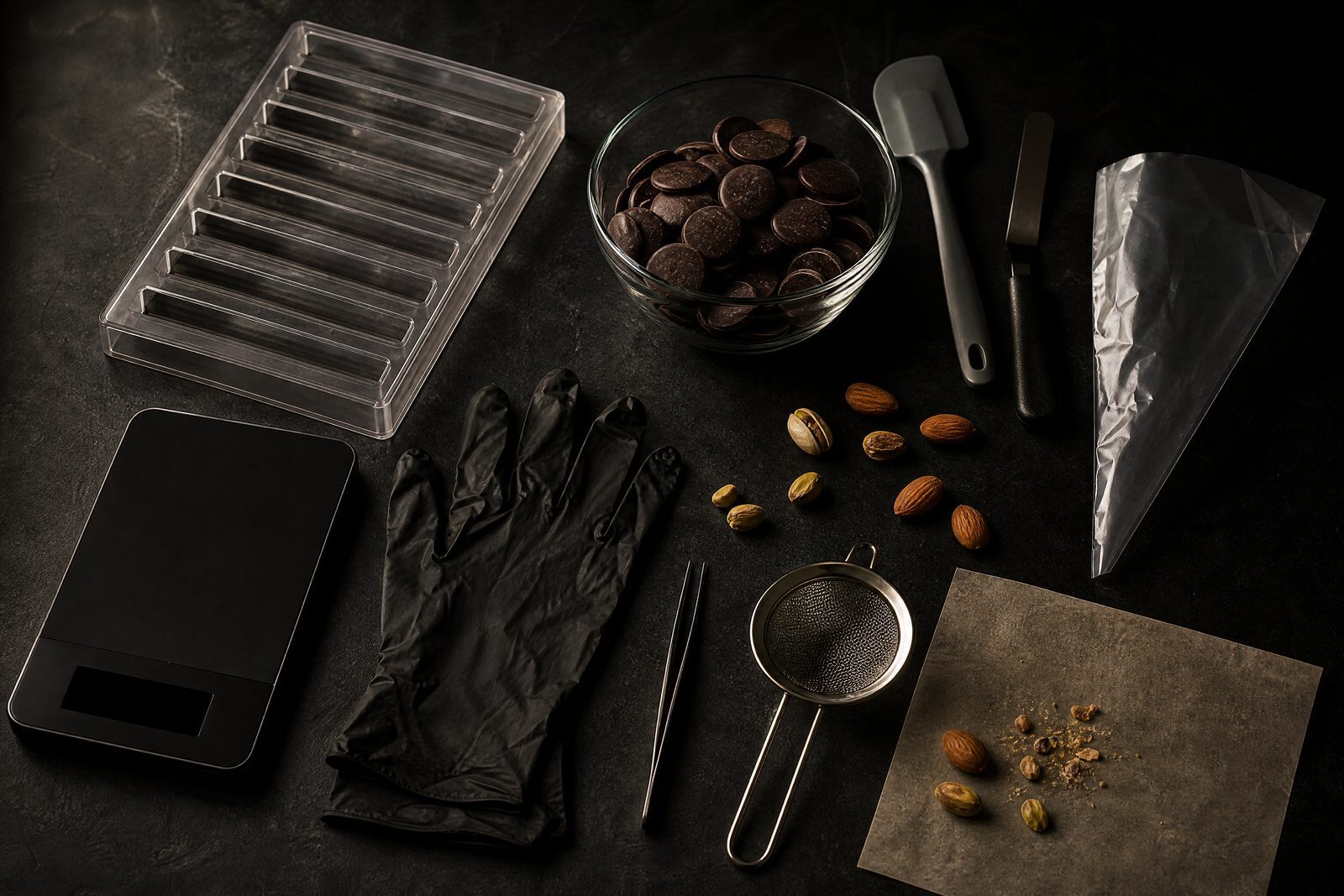 Chocolate making tools on black marble: scale, molds, gloves and spatulas