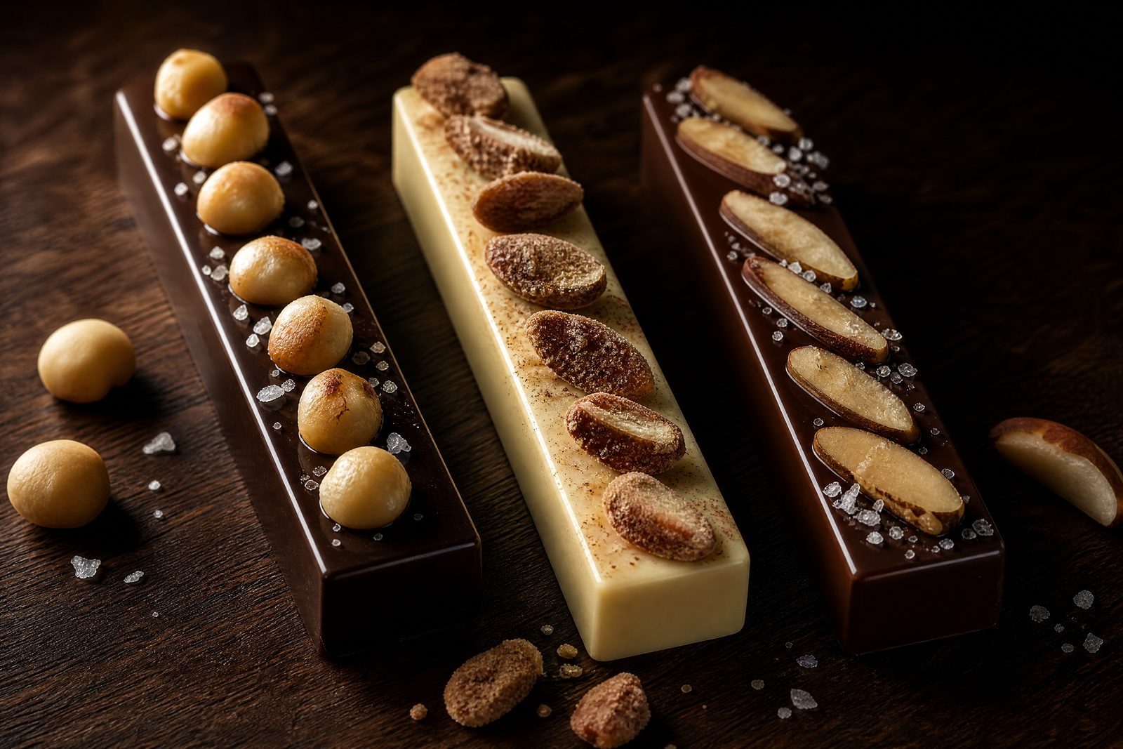Three variations of the Almond and Sea Salt bar, each with a different base or topping