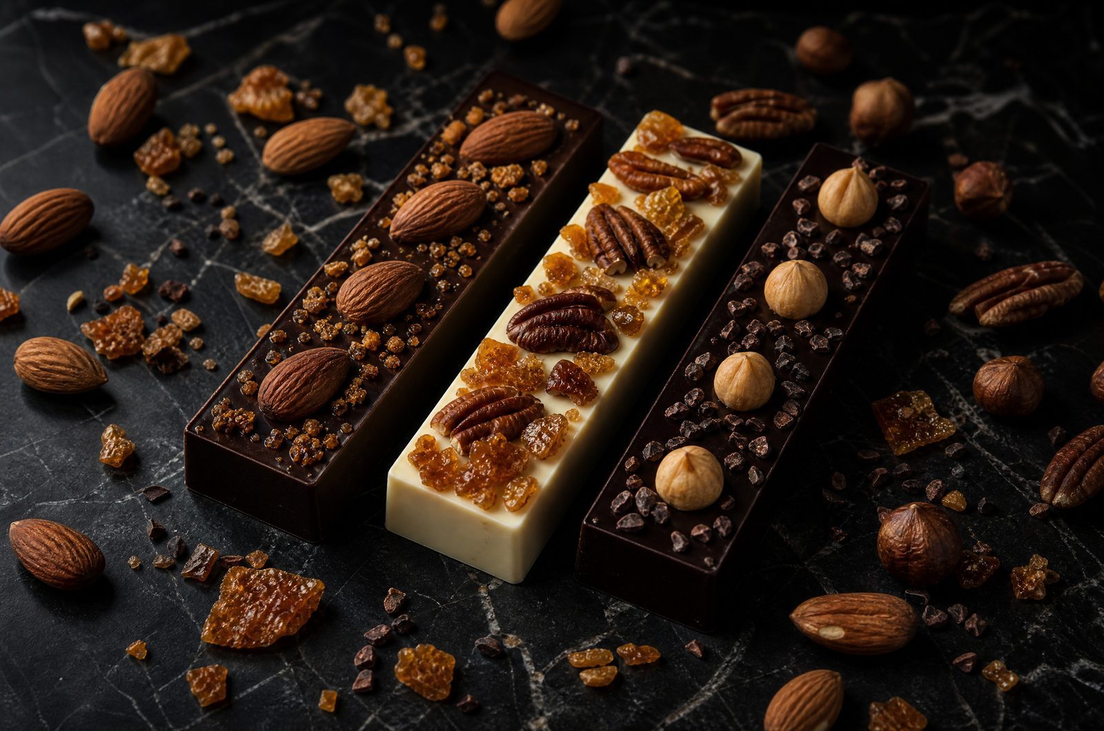 Three variations of the Hazelnut Praline bar, each with a different base or topping