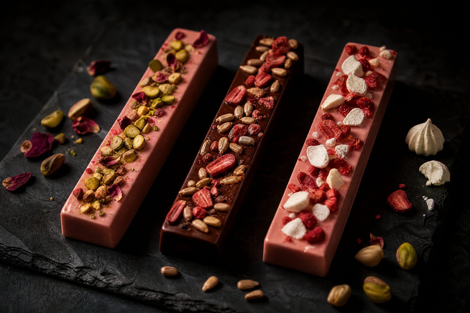 Three variations of the Pink Berry bar, each with a different base or topping