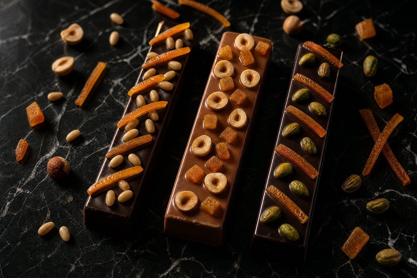Three variations of the Orange Almond bar, each with a different base or topping