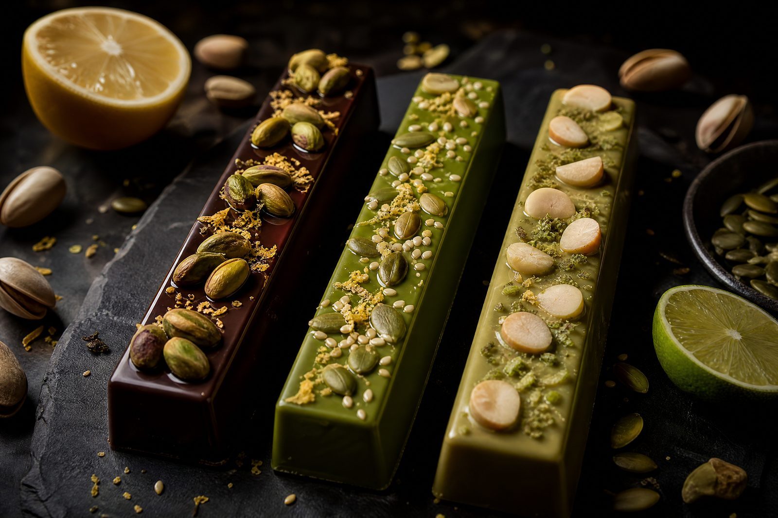 Three variations of the Green Pistachio Lemon bar, each with a different base or topping