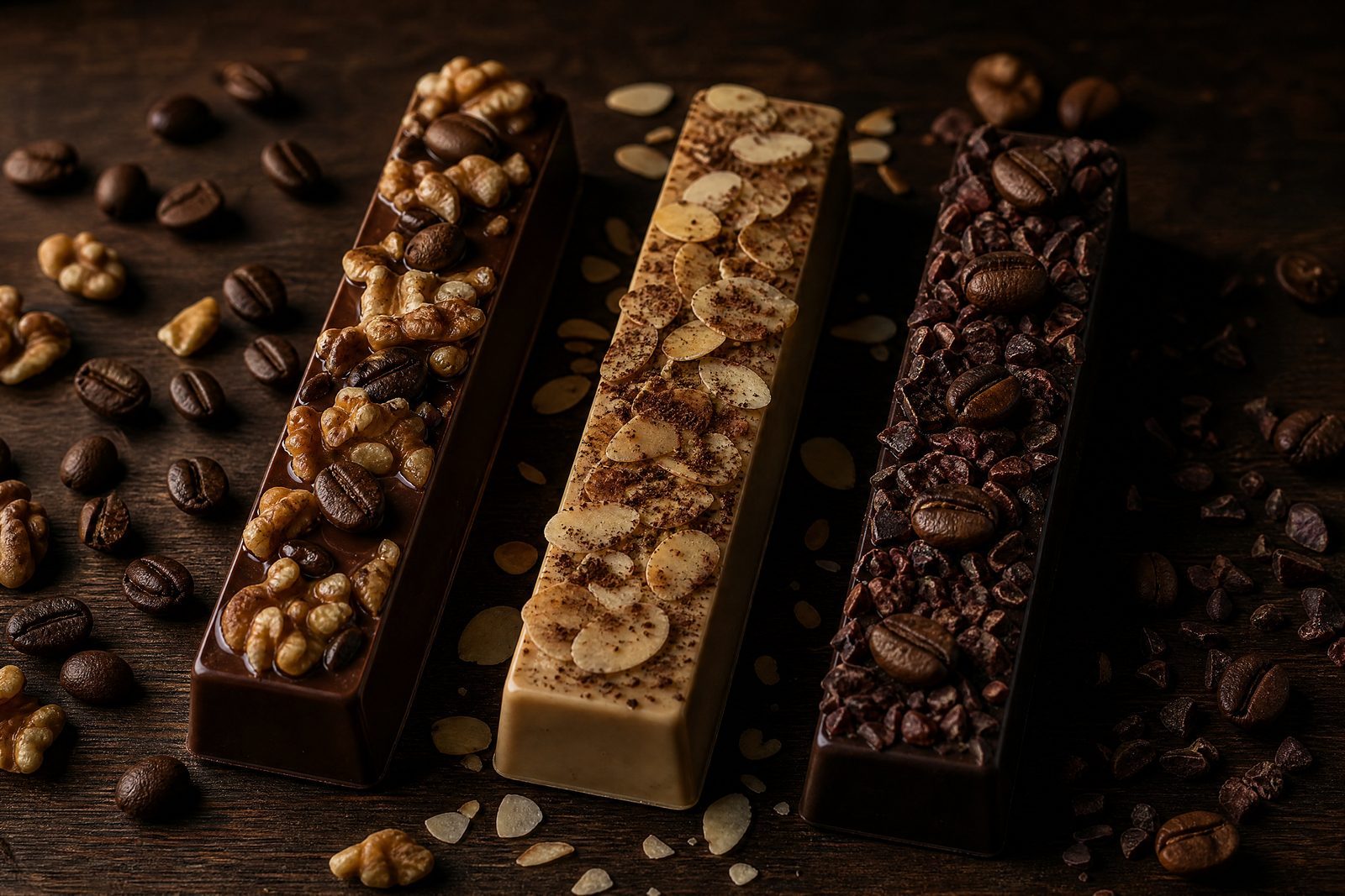 Three variations of the Coffee Hazelnut bar, each with a different base or topping
